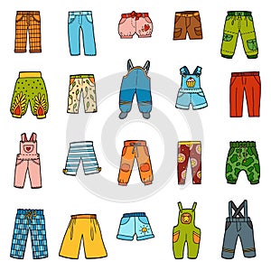 Set of pants, color collection of cartoon trousers and overalls