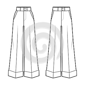 Set of Pants oxford tailored technical fashion illustration with normal low waist, high rise, full length, jetted pocket