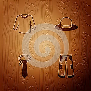 Set Pants, Sweater, Tie and Man hat on wooden background. Vector