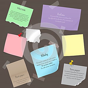 Set of paper banner notes stickers. Pieces of torn colorful blank note color paper. Various color paper sheets, note