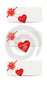 Set of paper cards for Valentines day with red gift bows and offer price tag or label isolated on white background