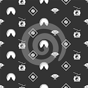 Set Paper chinese folding fan, Chinese drum, Chinese fortune cookie and Yin Yang on seamless pattern. Vector