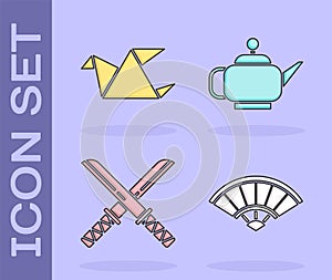 Set Paper chinese or japanese folding fan, Origami bird, Traditional Japanese katana and Japanese tea ceremony icon. Vector