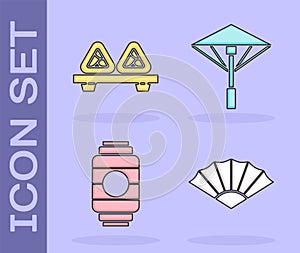 Set Paper chinese or japanese folding fan, Sushi on cutting board, Japanese paper lantern and Japanese umbrella from the