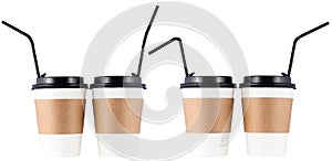 Set of paper coffee cups with different cocktail tube or straw isolated on white background