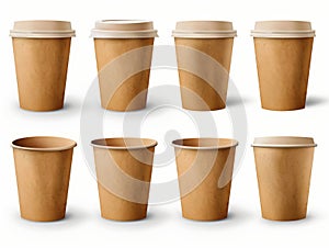 A set of paper coffee cups with lids