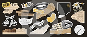 Set of paper cut elements, rip newspaper, collage mouth, scrap notebook sheets, retro gazette, torn photo card, barcode