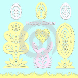 Set of paper cut festive symbols Holiday spring Easter signs egg, rabbit, heart, tree in pink, yellow, gray, blue colors