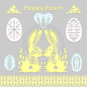 Set of paper cut festive symbols Holiday spring Easter signs egg, rabbit, heart, tree in pink, yellow, gray, blue colors