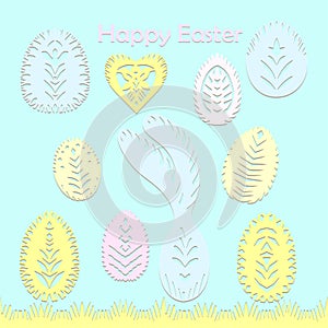 Set of paper cut festive symbols Holiday spring Easter signs egg, rabbit, heart, tree in pink, yellow, gray, blue colors