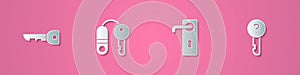 Set paper cut Key, House with key, Door handle and Undefined icon. Paper art style. Vector