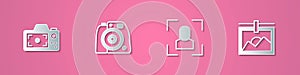 Set paper cut Photo camera, Camera focus frame line and icon. Paper art style. Vector
