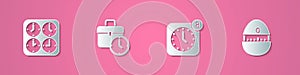 Set paper cut Time zone clocks, Work time, Alarm app mobile and Kitchen timer icon. Paper art style. Vector