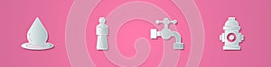 Set paper cut Water drop, Bottle of water, tap and Fire hydrant icon. Paper art style. Vector