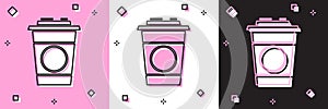 Set Paper glass icon isolated on pink and white, black background. Soda drink glass. Fresh cold beverage symbol. Vector