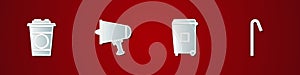 Set Paper glass, Spread the word, megaphone, Trash can and Drinking plastic straw icon. Vector