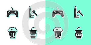 Set Paper glass with water, Gamepad, Popcorn in box and Striker attraction hammer icon. Vector