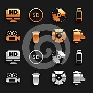 Set Paper glass with water, USB flash drive, Camera vintage film roll cartridge, Movie spotlight, Cinema camera, CD or
