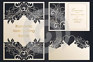 Set paper lace greeting card, wedding invitation, white pattern, cut-out template, template congratulation, perforation