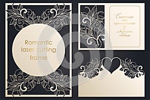 Set paper lace greeting card, wedding invitation, white pattern, cut-out template, template congratulation, perforation