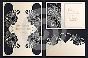 Set paper lace greeting card, wedding invitation, white pattern, cut-out template, template congratulation, perforation