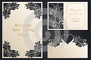 Set paper lace greeting card, wedding invitation, white pattern, cut-out template, template congratulation, perforation