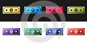 Set Paper money american dollars cash icon isolated on black and white background. Dollar banknote sign. Vector