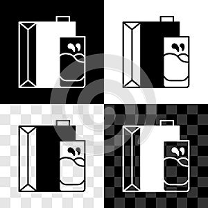 Set Paper package for milk and glass icon isolated on black and white, transparent background. Milk packet sign. Vector