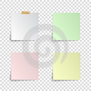Set of paper stickers with shadow on transparent background. Vector illustration.
