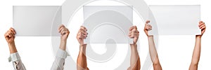 Set of papers in hands on a white or transparent background. Close-up of a man holding a white sheets of paper. Mockup