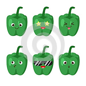 Set of paprika emojis. Kawaii style icons, vegetable characters. Vector illustration in cartoon flat style. Set of funny