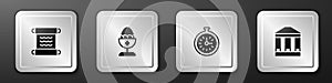 Set Papyrus scroll, Chicken egg on stand, Pocket watch and Museum building icon. Silver square button. Vector