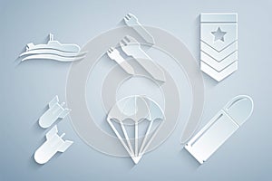 Set Parachute, Chevron, Aviation bomb, Bullet, Rocket and Submarine icon. Vector