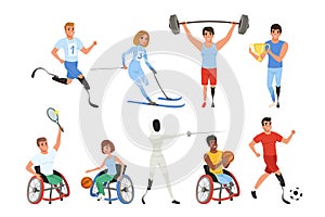 Set of Paralympics athletes with physical disabilities. Smiling men and women taking part in various sports games