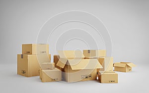 Set of parcels isolated on white background.Cardboard boxes for packing and transportation.Concept for shopping online,e-commerce.