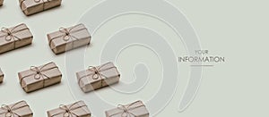 Set of parcels wrapped in craft paper and tie threads. Gift box pattern. Online shopping. Gray background. Web article template.