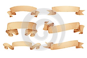 Set Parchment paper scroll ribbon, old vintage banner game ui element in cartoon style isolated on white background.