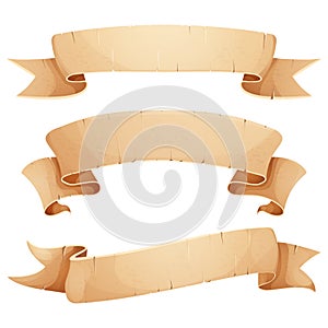 Set Parchment paper scroll ribbon, old vintage banner game ui element in cartoon style isolated on white background.