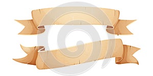 Set Parchment paper scroll ribbon, old vintage banner game ui element in cartoon style isolated on white background.