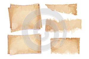 Set parchment paper, torn pieces, old sheets in cartoon style, textured empty notes isolated on white background. Game