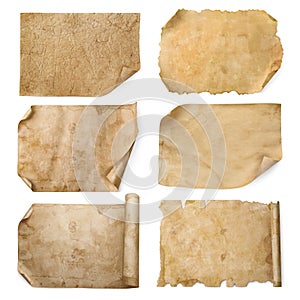 Set with parchments isolated on white. Aged sheets of paper