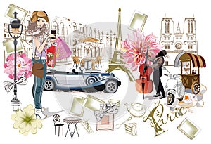 Set of Paris illustrations with fashion girls, cafes and musicians.