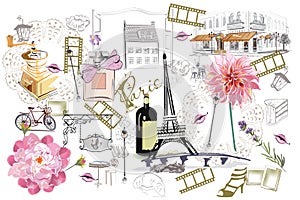 Set of Paris illustrations with fashion girls, cafes and musicians.