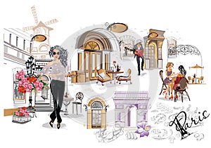 Set of Paris illustrations with fashion girls, cafes and musicians.