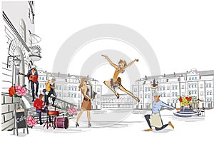 Set of Paris illustrations with fashion girls, cafes and musicians.