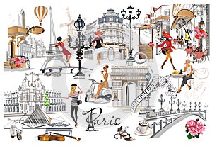 Set of Paris illustrations with fashion girls, cafes and musicians.