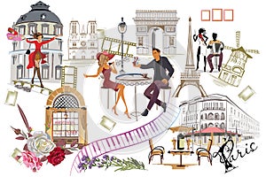 Set of Paris illustrations with Paris symbols.
