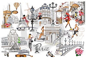 Set of Paris illustrations with sights and fashionable girls.