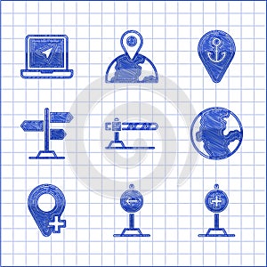 Set Parking car barrier, Traffic sign turn left, Location with cross hospital, Earth globe, Road traffic, anchor and