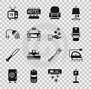 Set Parking, Electric iron, Toilet bowl, Armchair, Taxi car, Shower head, Retro tv and Paying tips icon. Vector